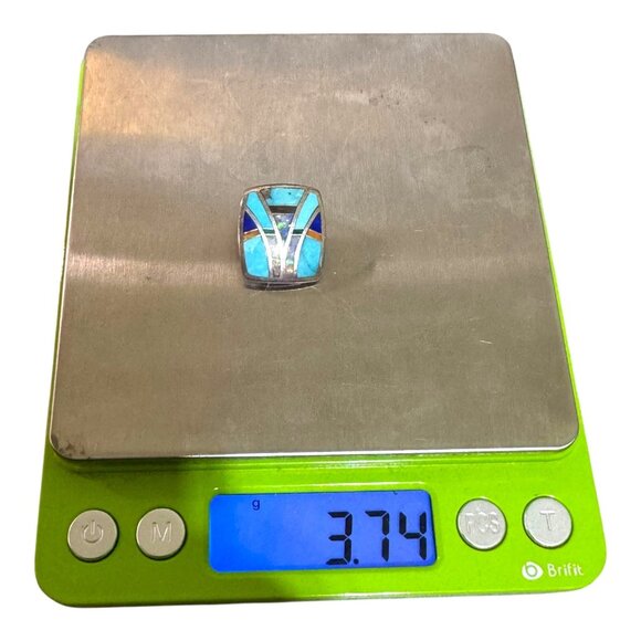 Vintage Sterling Silver Turquoise Opal Coral & Lapis Inlay Pendant Slide Zuni - Picture 6 of 6